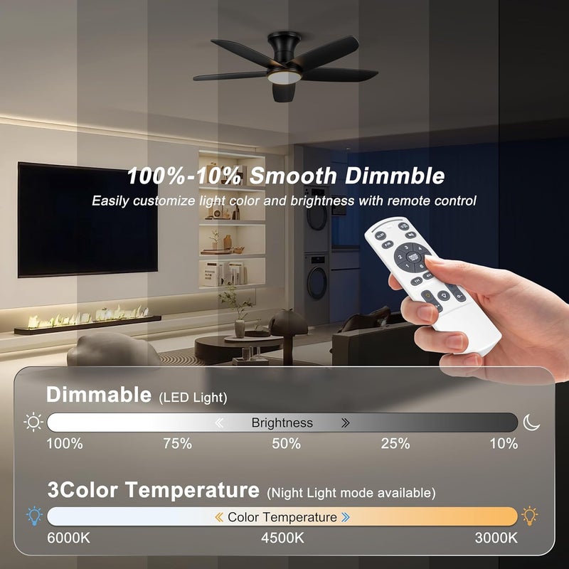 Ohniyou Ceiling Fan with Lights, 46" Flush Mount Ceiling Fans Remote/APP Control - Dimmable, Quiet DC Motor, Indoor Ceiling Fans for Bedroom Kitchen, Black - Image 5