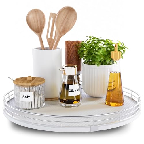 13 Lazy Susan Turntable Organizer for Table Top Round Wooden Lazy Susan for Cabinet Kitchen Decor Centerpieces Coffee Table Storage Condiments Spices Bathroom Vanity Tray for Soap White