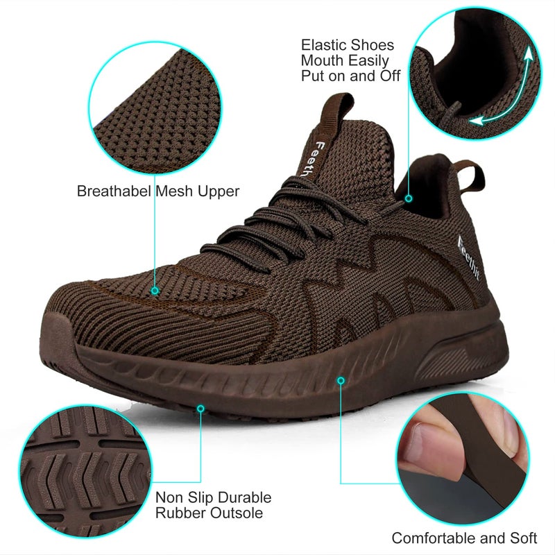 Feethit Mens Tennis Shoes Slip Resistant Walking Running Shoes Lightweight Slip on Sneakers for Men Brown 12 - Image 4