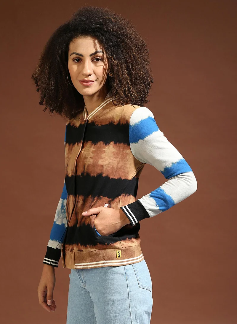 كامبوس سوترا جاكيت بومبر نسائي محبوك بألوان متدرجة بني رمادي وأزرق سماوي