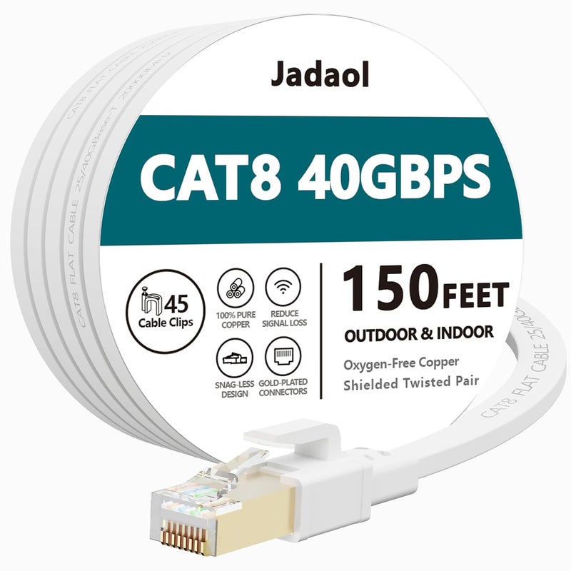 Jadaol Cat 8 Ethernet Cable 150ft (45.72m), 40Gbps 2000MHz Flat S/FTP LAN Patch Cable, High-Speed Cat8 Network Cable for Router, Modem, Switch, Gaming Consoles, PC, Smart TV & Streaming Devices, White - Image 1