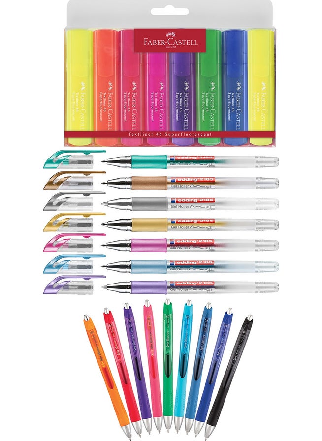 Faber Castell - Edding - Serve 24 Color Highlighter Pen Set + Inn Paintable Pen Holder Gift