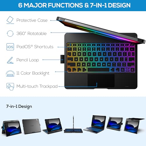 typecase حافظة تايب كيس لتابلت آيباد الجيل العاشر مع لوحة مفاتيح (10.9 بوصة، 2022) وآيباد A16 (الجيل الحادي عشر، 2025) – قابلة للدوران 360°، إضاءة خلفية بـ 11 لون، لوحة تتبع متعددة اللمس، رقيقة وخفيفة (أسود) - Image 4