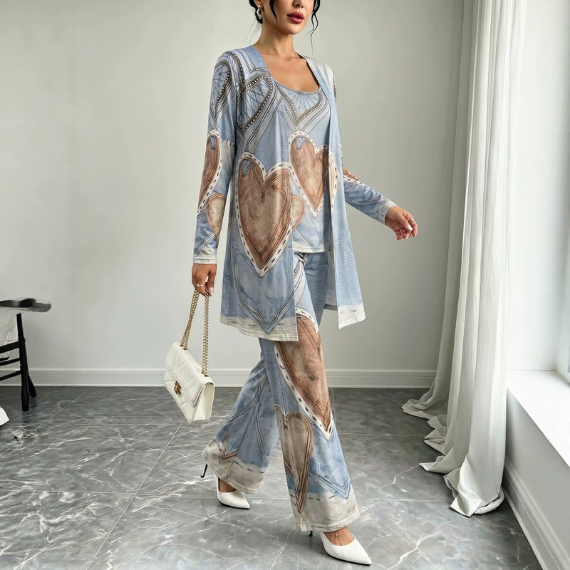 Women's Gradient Print Cardigan Set, 3-Piece Comfortable Casual Tracksuit - Image 4