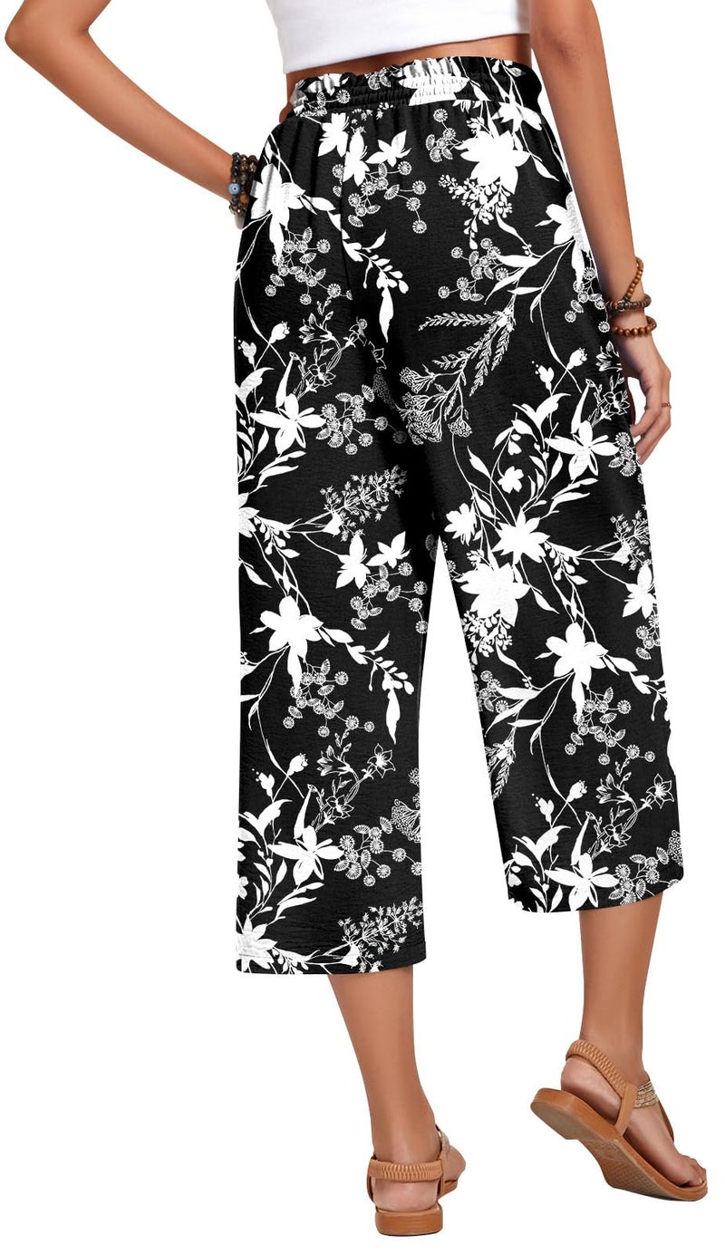 Anyhold Womens Capri Pants Loose High Waisted Wide Leg Lounge Pants Drawstring Casual Palazzo Trousers with Pockets X-Large, Black Campanula - Image 3