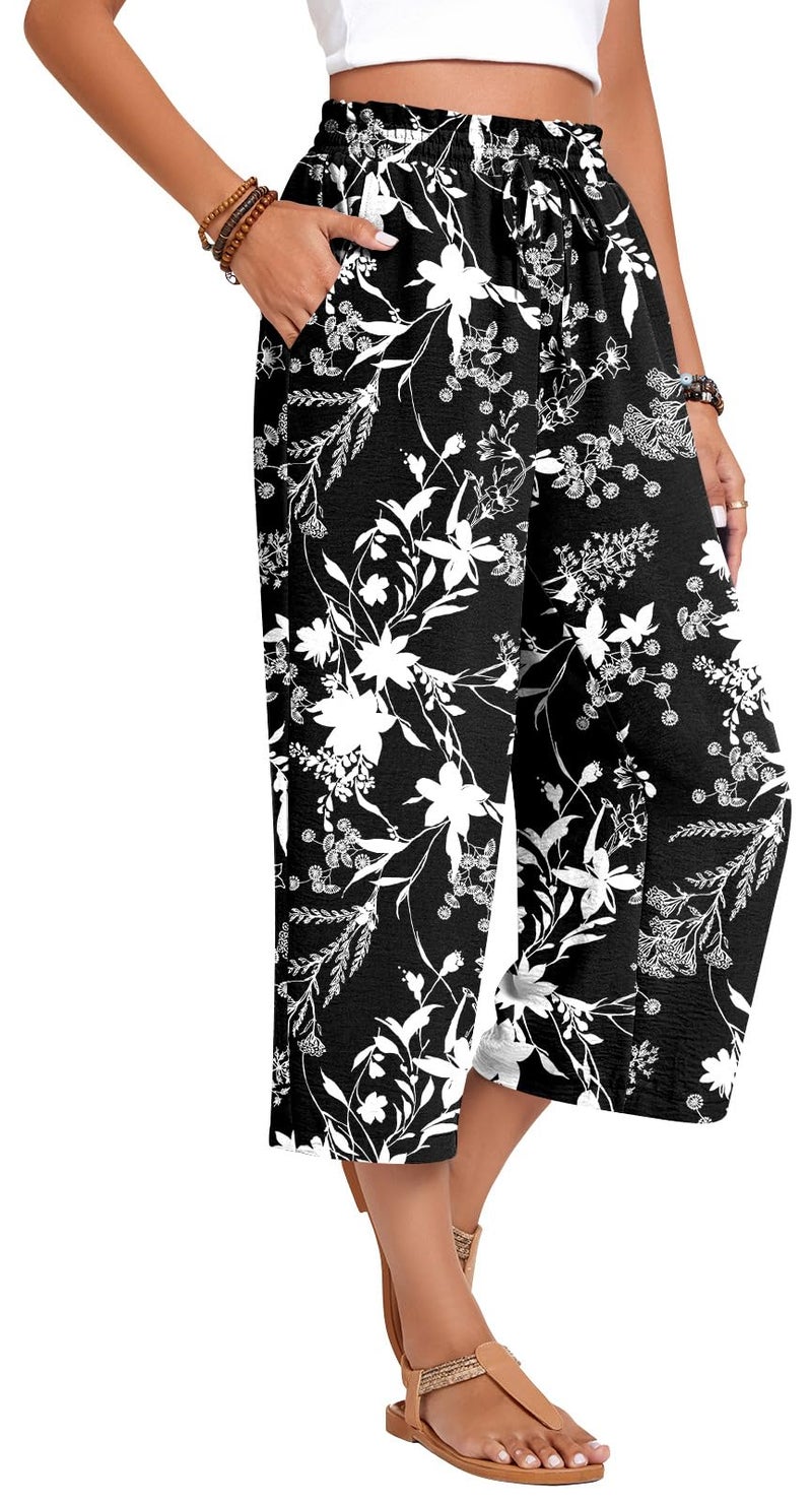 Anyhold Womens Capri Pants Loose High Waisted Wide Leg Lounge Pants Drawstring Casual Palazzo Trousers with Pockets X-Large, Black Campanula - Image 2