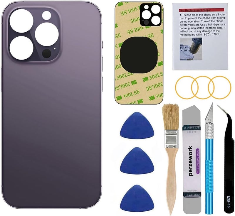 Perzework استبدال زجاج خلفي أصلي لجهاز آيفون 14 برو ماكس 6.7 بوصة مع مجموعة أدوات الإصلاح ومواد لاصقة مثبتة مسبقًا (أرجواني داكن) - Image 1