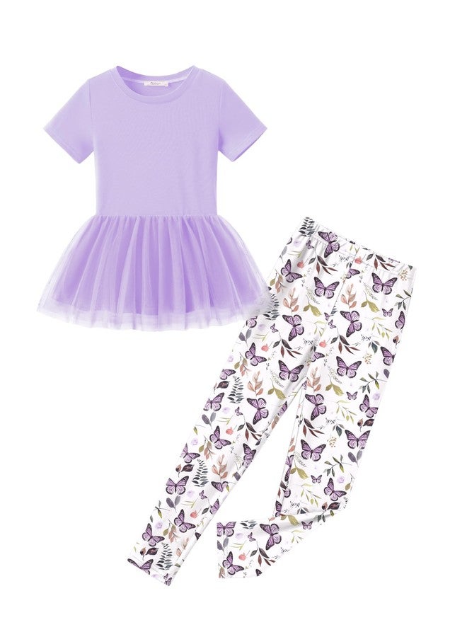 Arshiner Girls 2 Piece Outfits Fall Clothing Sets Short Sleeve Mesh Hem Dress Tops and Sweatpants Sweatsuits Tracksuits 9-10 Years - Image 1