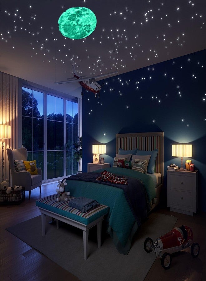 Desi Rang Glow in The Dark Stars & Moon (407 Tiny Stars, one 30 cm Moon, Green) Wall Stickers 3D Luminous Ceiling Decals for Kids Bedroom, Nursery & Home Decor Self-Adhesive Radium Starry Sky Set - Image 3