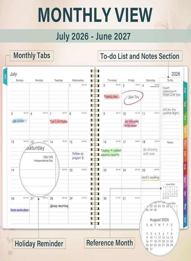 Indeme Planner 2026-2027 - Academic Planner 2026-2027, July 2026 - June 2027, 11” x 8.5”, Weekly and Monthly Planner, Calendar Planner, Colorful Tabs, Back Pocket, Holidays - Wildflowers - Image 3