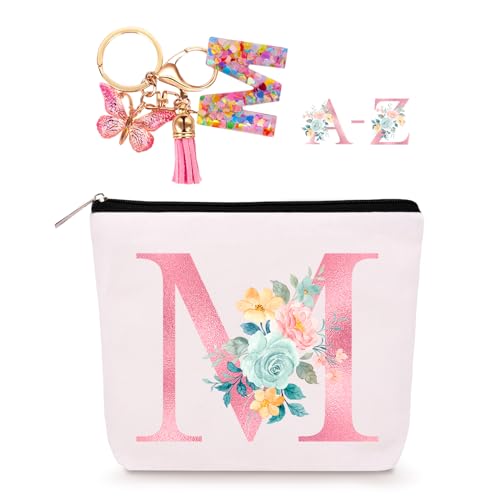 Lingdeer Personalized Makeup Bag with Initial Keychain, Custom Initial Monogram Small Travel Cosmetic Toiletry Bag, Birthday Gifts for Women Bridesmaid Teacher (M) - Image 1