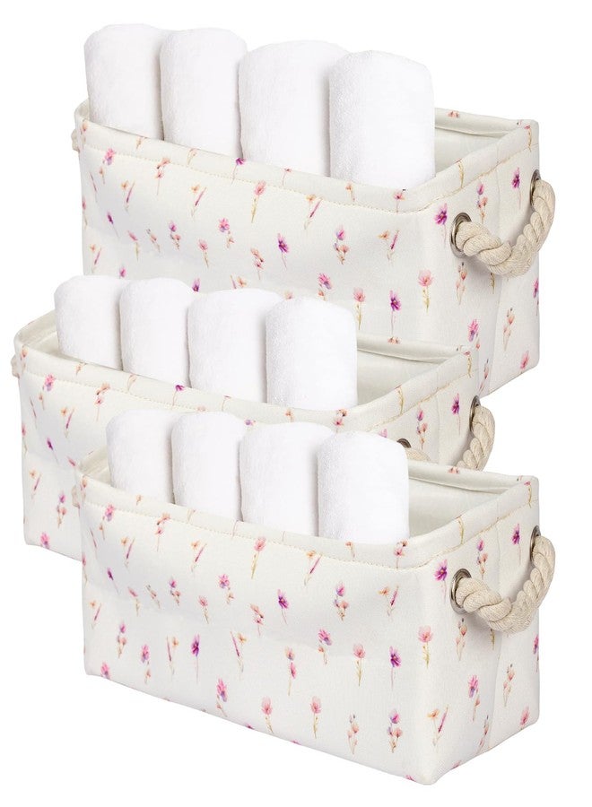 BBSET 3PC Floral Narrow Storage Bins 15x6x5 inch Pink Flower Small Basket for Closet,Cabinet,Countertop Organizing Small Items Fabric Organizer with Handles, Toilet Paper Storage (Pink flower) - Image 1