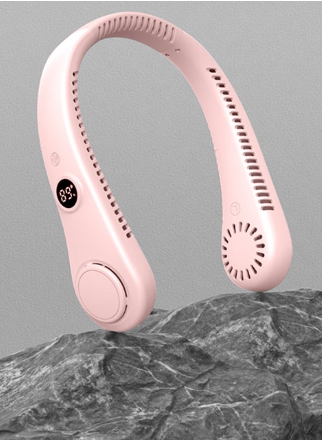 HaveDream - LED Digital Display Neck Hanging Fan, Outdoor Sports Student USB Bladeless Turbine Silent High Wind Power Mini Fan-Pink - Image 1