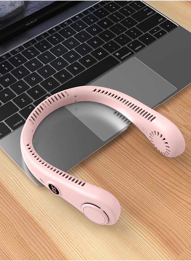 HaveDream - LED Digital Display Neck Hanging Fan, Outdoor Sports Student USB Bladeless Turbine Silent High Wind Power Mini Fan-Pink - Image 1