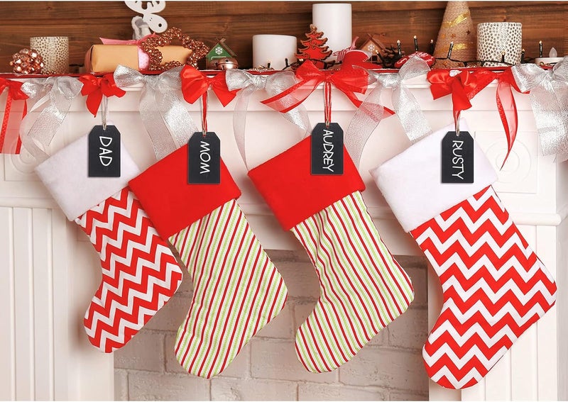 Containlol 50 Pieces Christmas Wood Stocking Name Tags Buffalo Plaid Bow Stocking Tags Hanging Chalkboard Tags with Thread 1 Roll Buffalo Ribbon Mini Tags Decoration for Home Party Gift SuppliesRed and Black - Image 4