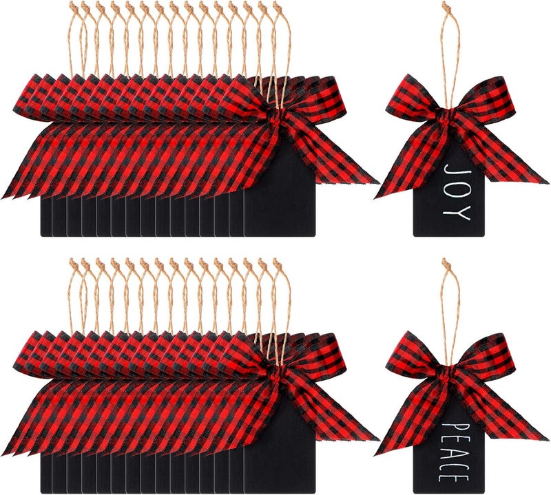Containlol 50 Pieces Christmas Wood Stocking Name Tags Buffalo Plaid Bow Stocking Tags Hanging Chalkboard Tags with Thread 1 Roll Buffalo Ribbon Mini Tags Decoration for Home Party Gift SuppliesRed and Black - Image 1