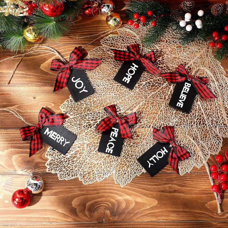 Containlol 50 Pieces Christmas Wood Stocking Name Tags Buffalo Plaid Bow Stocking Tags Hanging Chalkboard Tags with Thread 1 Roll Buffalo Ribbon Mini Tags Decoration for Home Party Gift SuppliesRed and Black - Image 3