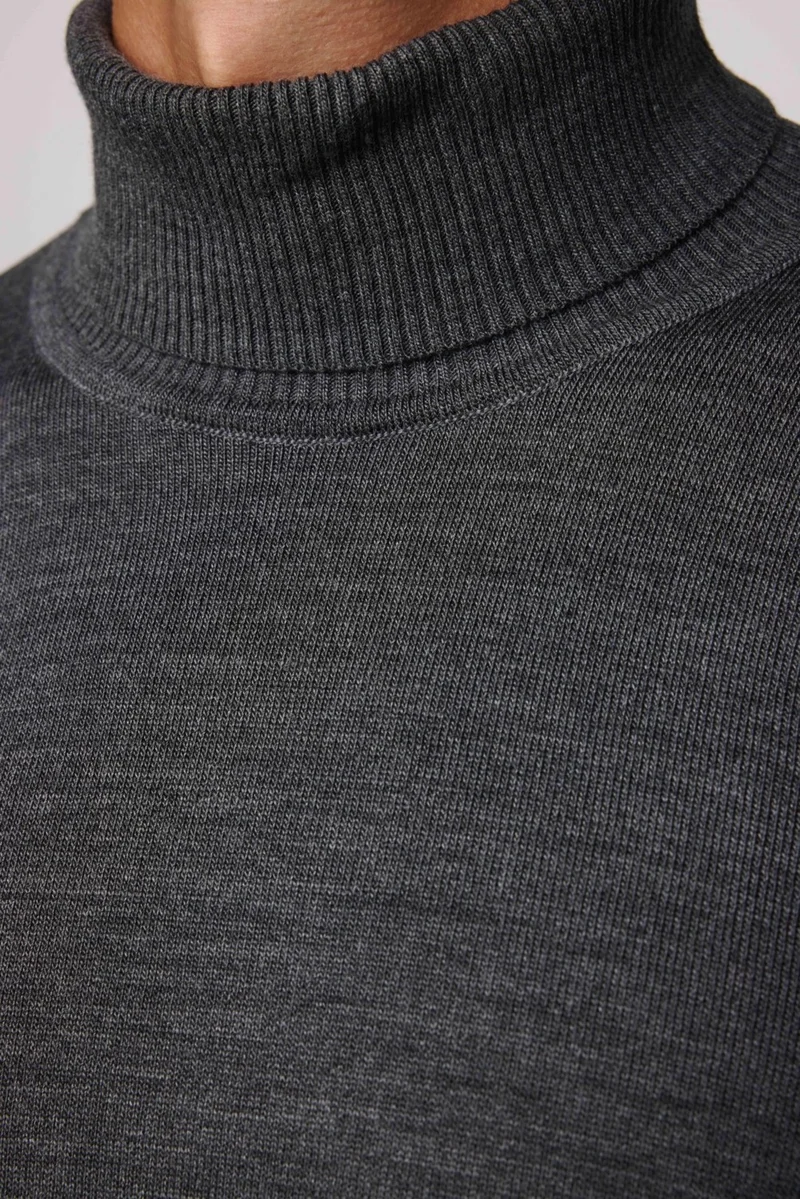 Tudors Slim Fit Narrow Cut Full Turtleneck Non-Pilling Soft Textured Gray Men's Sweater