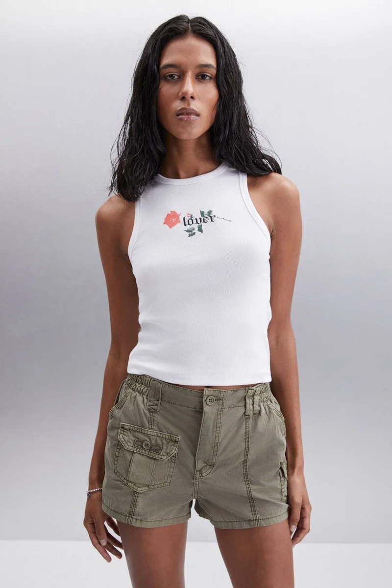 جريميلانج Terena Women's Printed Detailed Round Neck Thick Strapped Organic Cotton Knitted White Blouse