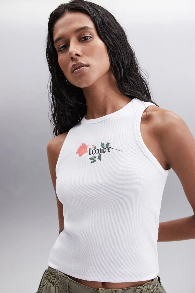 جريميلانج Terena Women's Printed Detailed Round Neck Thick Strapped Organic Cotton Knitted White Blouse