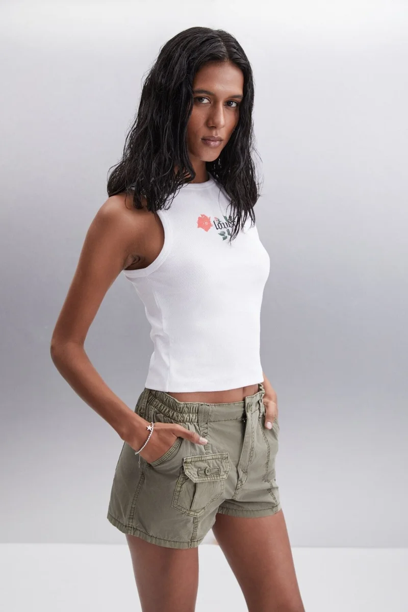 جريميلانج Terena Women's Printed Detailed Round Neck Thick Strapped Organic Cotton Knitted White Blouse
