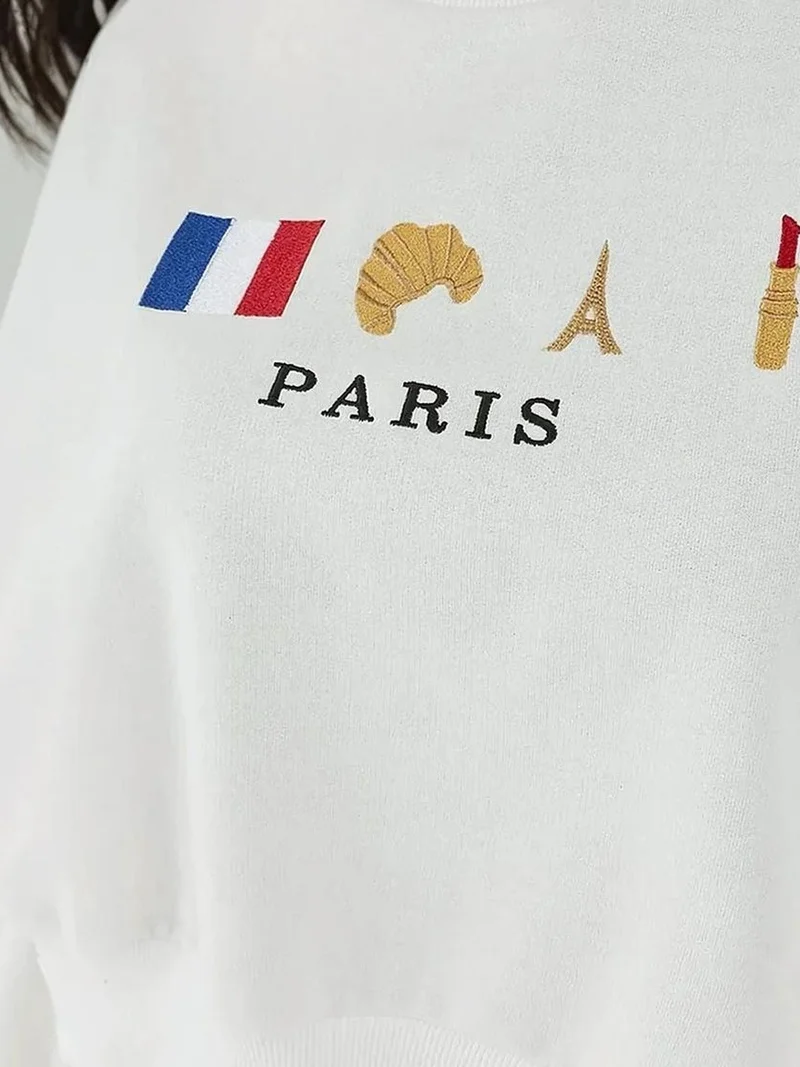 HICCUP Embroidered Crew Neck Cottoned Raised Sweatshirt