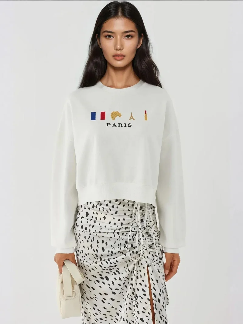 HICCUP Embroidered Crew Neck Cottoned Raised Sweatshirt