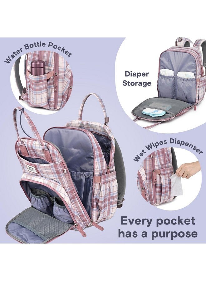 RUVALINO Diaper Bag Backpack - Multifunction Waterproof Travel Backpack, Maternity Baby Bag With Changing Pad & Stroller Ring & Pacifier Case, Pink Plaid  - Image 3