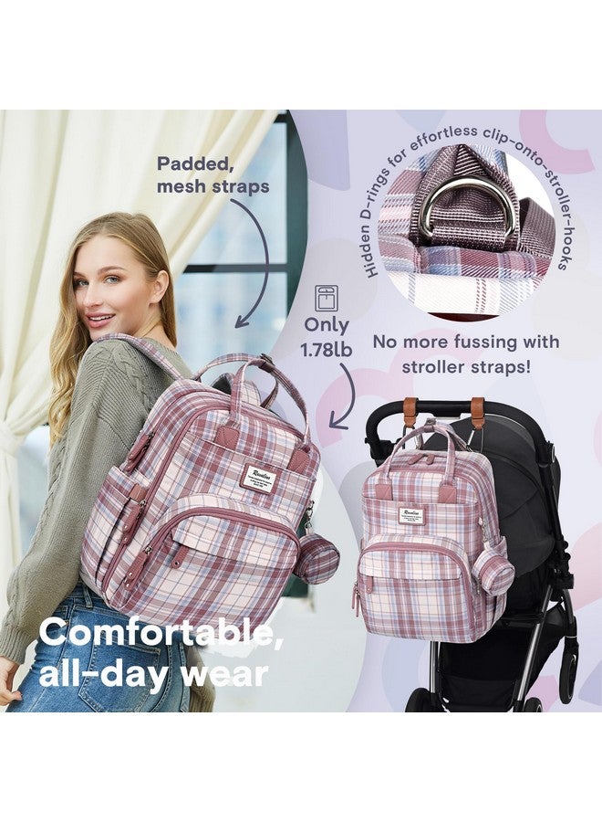 RUVALINO Diaper Bag Backpack - Multifunction Waterproof Travel Backpack, Maternity Baby Bag With Changing Pad & Stroller Ring & Pacifier Case, Pink Plaid  - Image 5