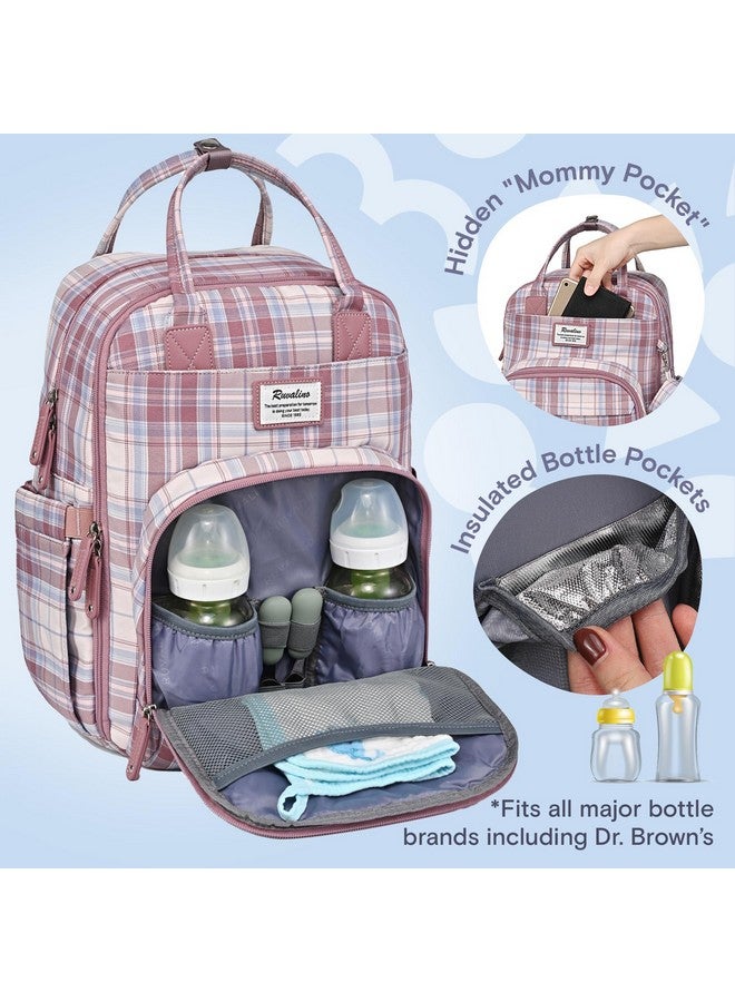 RUVALINO Diaper Bag Backpack - Multifunction Waterproof Travel Backpack, Maternity Baby Bag With Changing Pad & Stroller Ring & Pacifier Case, Pink Plaid  - Image 2