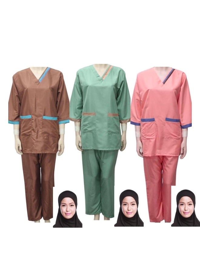 طقم بدلة طبية للخادمة والمربية مكون من 3 قطع و 3 حجابات - Image 1