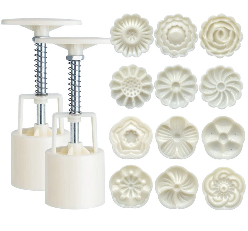 LIUDHPSP Moon Cake Mould SetIncludes12 pcs Sakura flower pattern base and 2 Pieces Bath Bombs PressMid Autumn Festival DIY Hand Press Cookie Stamps Pastry Tool Moon Cake Maker50g White L