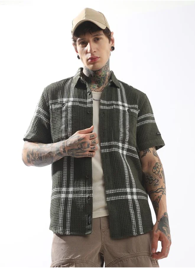 هوبرهولمي Green Shirts Checkered Button Woven Spread Collar Half Sleeves for Men – Style that defines you