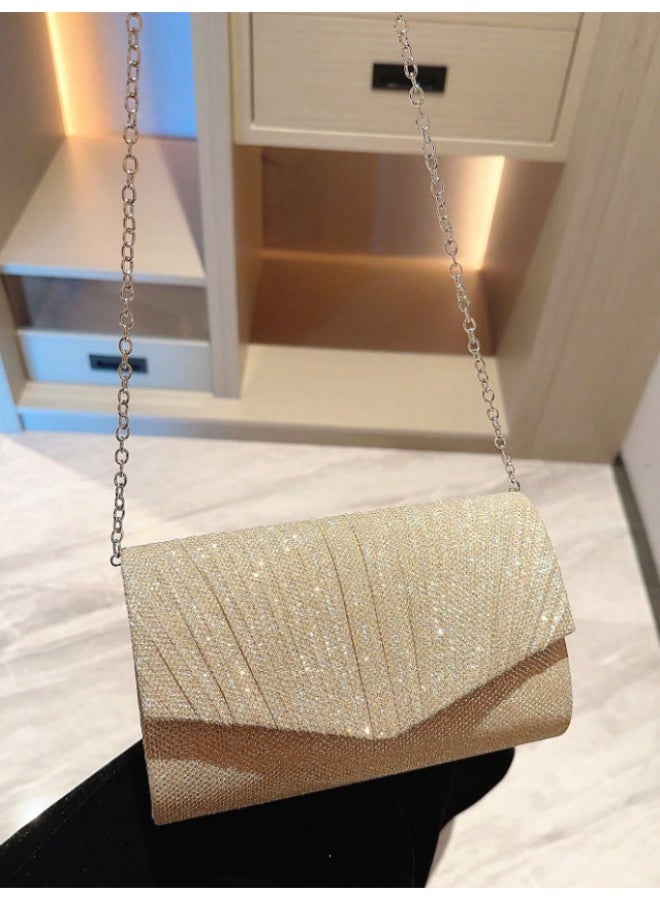 MHD Luxury Elegant Moonlight Evening Bag - Soft Cashmere Sparkling Beaded Clutch with Chain Strap & Pleated Detail - Perfect for Women, Brides at Parties, Weddings & Formal Events - Image 3