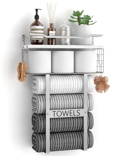 Aetyord Towel Racks for Bathroom Wall Mounted Bath Wall Towel Holder Set Above Toilet Storage Rolled Towel Shelf Organizer for Small Bathroom Wood Vertical Towel Rack for Bathroom Wall Decor Silver - Image 1