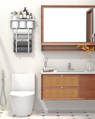 Aetyord Towel Racks for Bathroom Wall Mounted Bath Wall Towel Holder Set Above Toilet Storage Rolled Towel Shelf Organizer for Small Bathroom Wood Vertical Towel Rack for Bathroom Wall Decor Silver - Image 3
