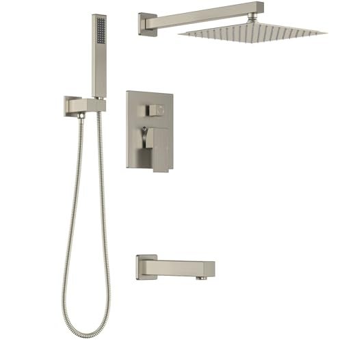 Lava Odoro Modern 3Setting Square Shower and Tub Faucet Set with Shower Head and Handheld Sprayer Brushed Nickel Rainfall Shower System with Tub Spout Shower Valve Trim Kit SF103BNT - Image 1