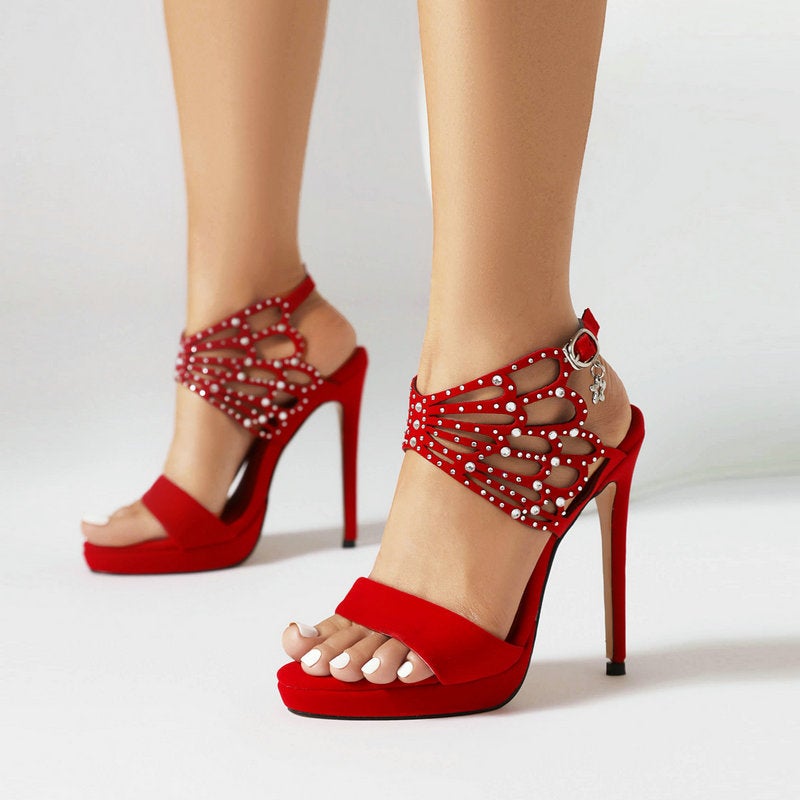 Summer Low-Cut Open Toe Sandals Stiletto Heel Ultra-High Heel Sandals Women'S Rhinestone Hollow-Out Buckle High Heel Sandals - Image 3