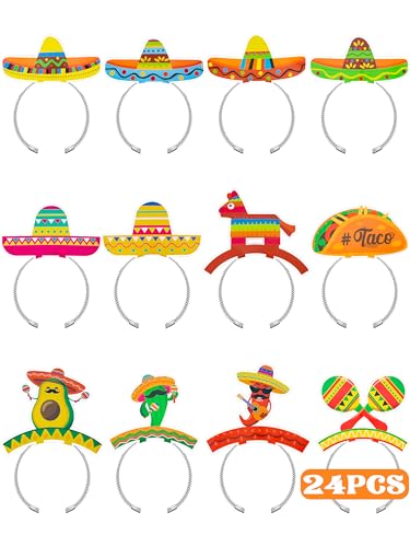 Melisheer 24 PCS Cinco De Mayo Party Supplies 12 Styles Cinco de Mayo Hats Colorful Pattern Mexican Cardboard Sombrero Hat for Women Fiesta Cactus Maracas Accessories for Mexican Carnival Party Supplies - Image 1