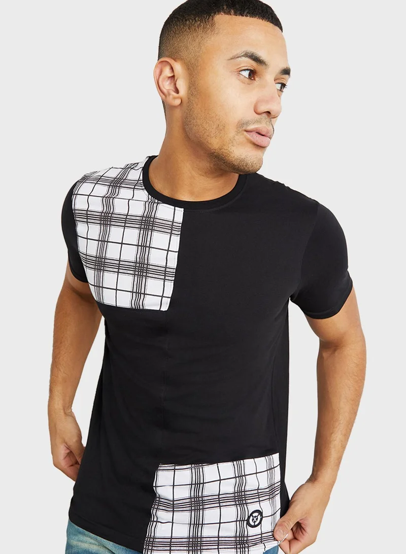 Styli Cut And Sew Pane Plaid Panel Crew Neck T-Shirt