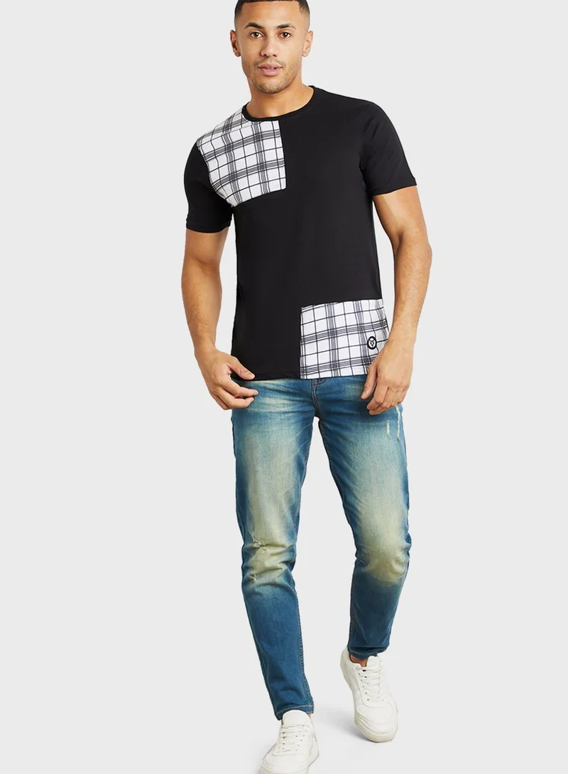 Styli Cut And Sew Pane Plaid Panel Crew Neck T-Shirt