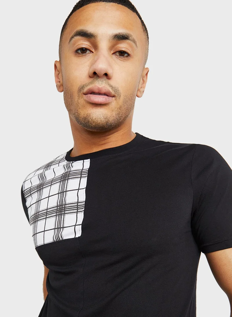 Styli Cut And Sew Pane Plaid Panel Crew Neck T-Shirt