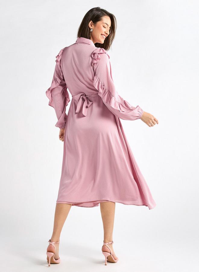 سبلاش فيڤ فستان ميدي مخطط غير متماثل بأكمام مكشكشة - Image 3