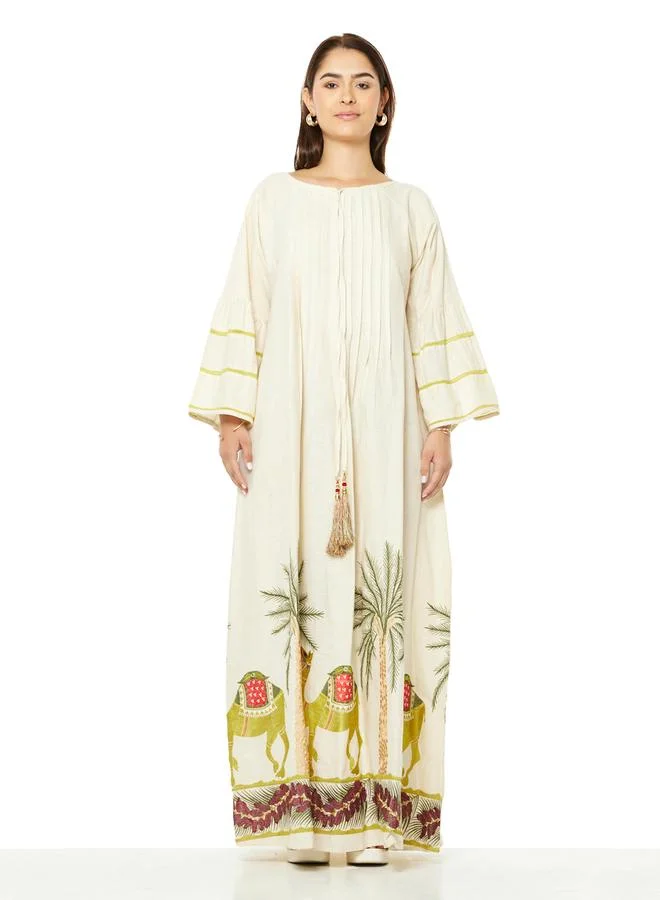 Thouq Beige A-Line Maxi Jalabiya with Desert Motifa