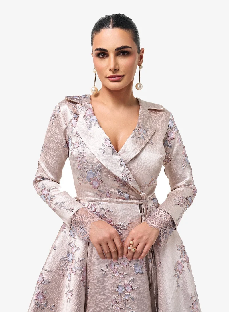 Threadz by Ajooni  Collar Neck Long Sleeve Lace Detail Maxi Dress for Women | Best Price UAE
