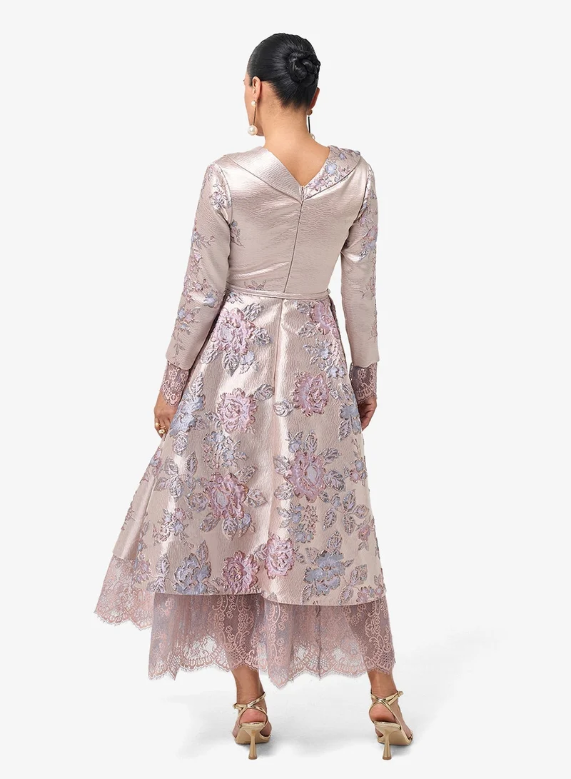 Threadz by Ajooni  Collar Neck Long Sleeve Lace Detail Maxi Dress for Women | Best Price UAE