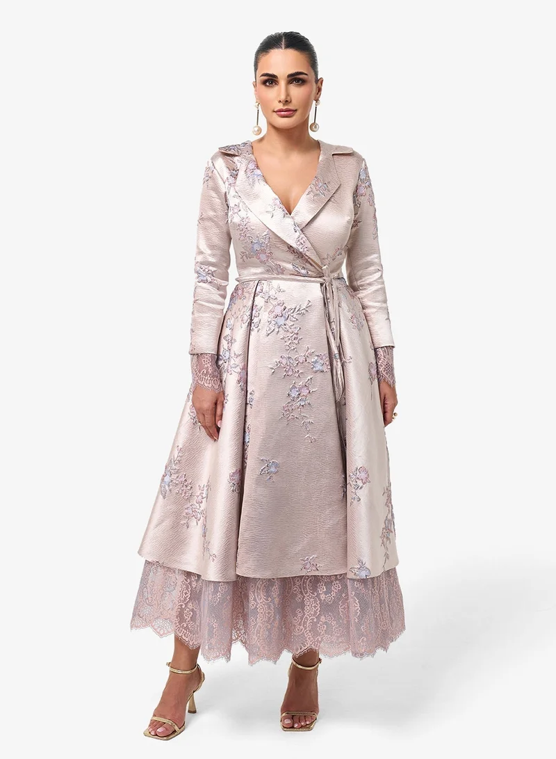 Threadz by Ajooni  Collar Neck Long Sleeve Lace Detail Maxi Dress for Women | Best Price UAE