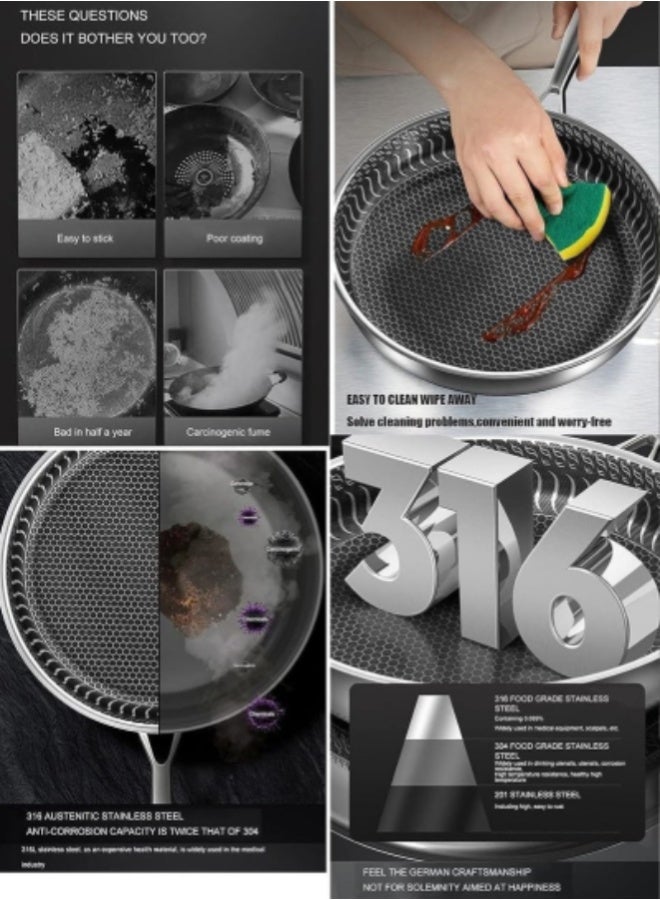 AROAQ Heavy Duty Stainless Steel Deep Fry Pan with Handle – Non-Stick Honeycomb Wok for Chinese & Vegetable Cooking – Compatible with Gas, Electric & Induction Stoves – Sizes 26cm, 28cm, 30cm - Image 4