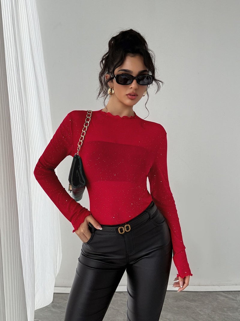 Women's Sequin Long Sleeve Fitted Blouse Shiny Thin Top - Image 5