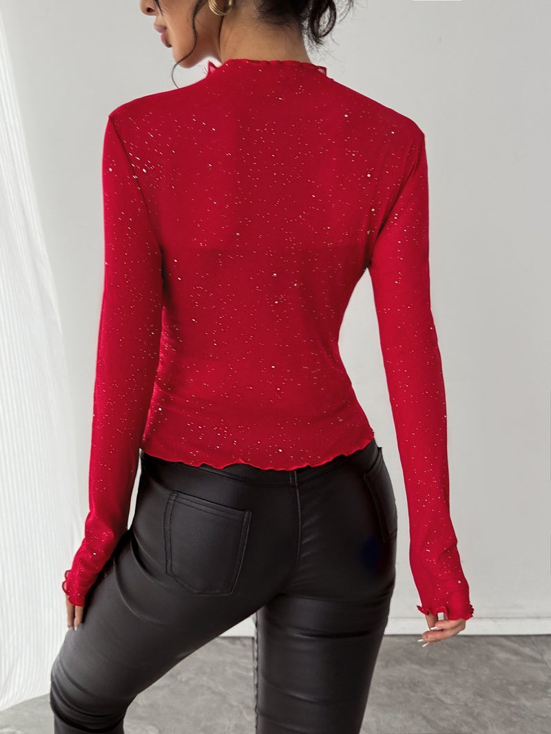 Women's Sequin Long Sleeve Fitted Blouse Shiny Thin Top - Image 2